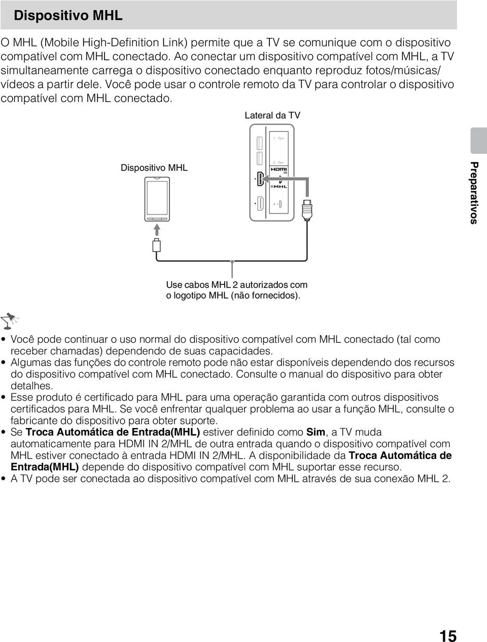 Você pode usar o controle remoto da TV para controlar o dispositivo compatível com MHL conectado.