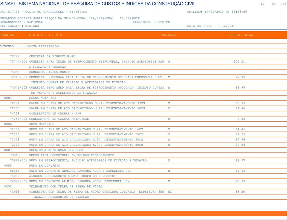 JUNTAS M 66,99 DE VEDACAO E ACESSORIOS DE FIXACAO 0084 CALHA METALICA 72104 CALHA EM CHAPA DE ACO GALVANIZADO N.24, DESENVOLVIMENTO 33CM M 22,93 72105 CALHA EM CHAPA DE ACO GALVANIZADO N.