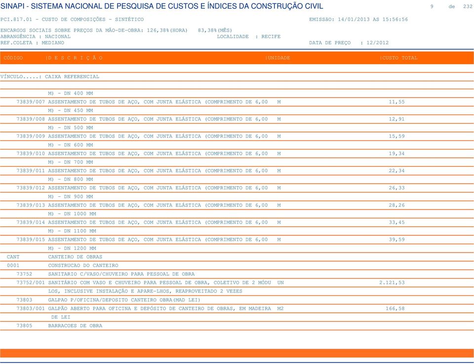 (COMPRIMENTO DE 6,00 M 19,34 M) - DN 700 MM 73839/011 ASSENTAMENTO DE TUBOS DE AÇO, COM JUNTA ELÁSTICA (COMPRIMENTO DE 6,00 M 22,34 M) - DN 800 MM 73839/012 ASSENTAMENTO DE TUBOS DE AÇO, COM JUNTA