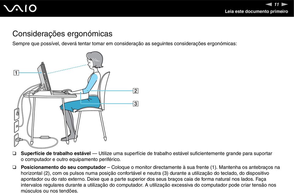 Posicionamento do seu computador Coloque o monitor directamente à sua frente (1).