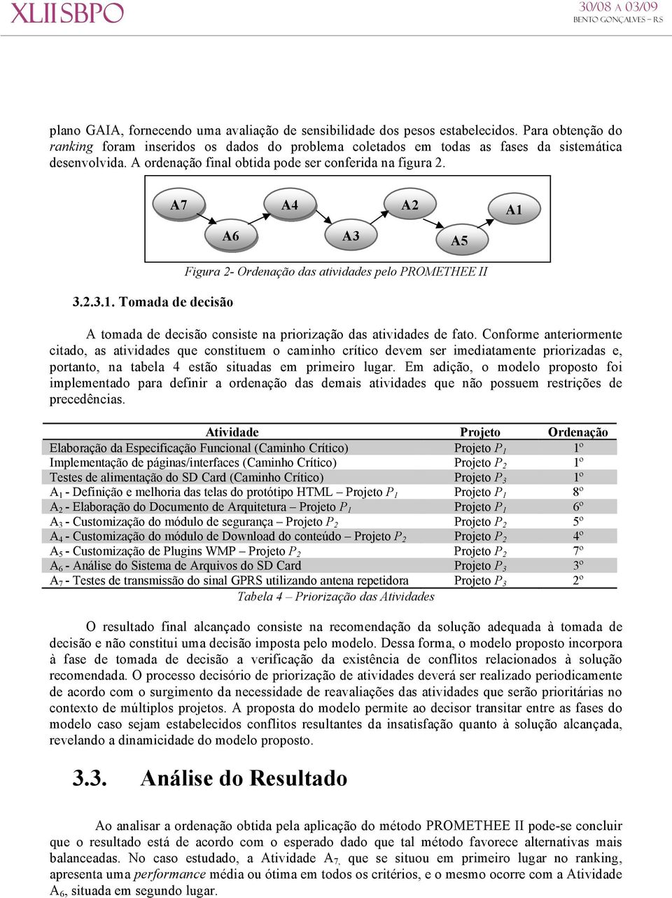 A6 A3 A5 3.2.3.1. Tomada de decisão Figura 2- Ordenação das atividades pelo PROMETHEE II A tomada de decisão consiste na priorização das atividades de fato.