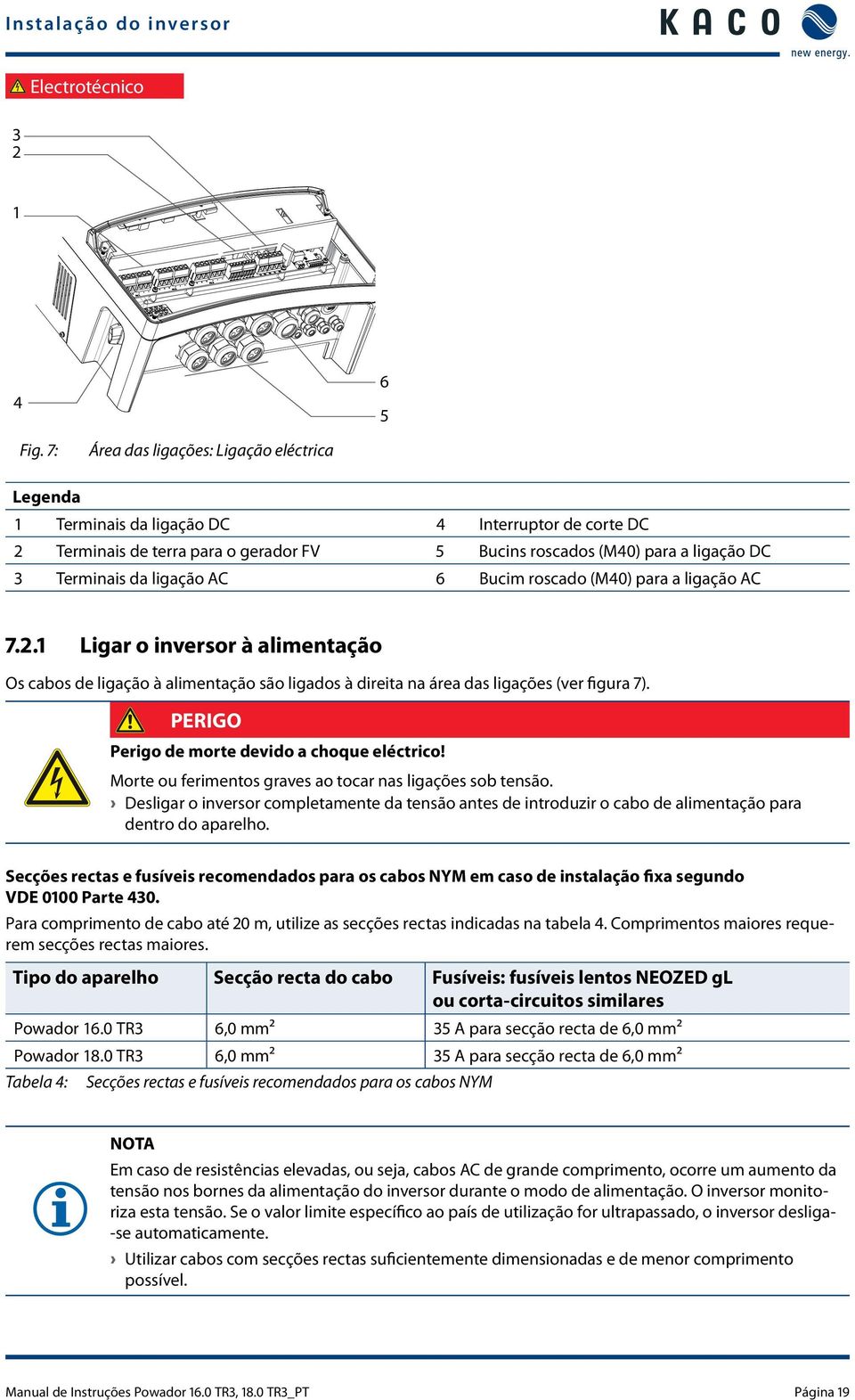 ligação AC 6 Bucim roscado (M40) para a ligação AC 7.2.1 Ligar o inversor à alimentação Os cabos de ligação à alimentação são ligados à direita na área das ligações (ver figura 7).