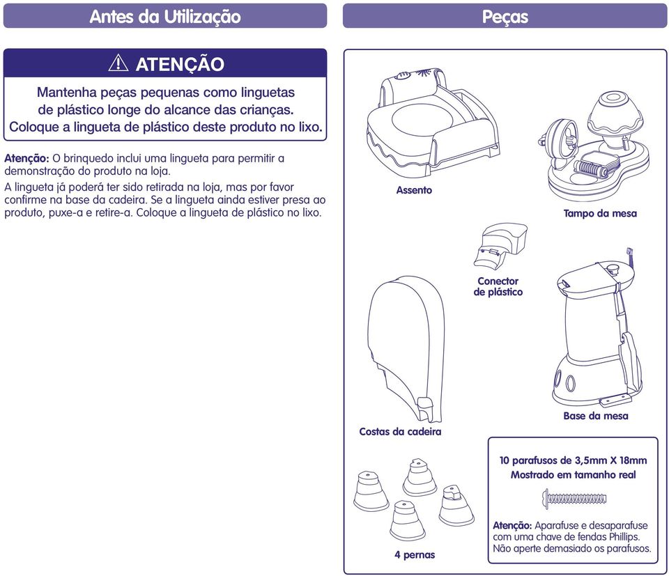 A lingueta já poderá ter sido retirada na loja, mas por favor confirme na base da cadeira. Se a lingueta ainda estiver presa ao produto, puxe-a e retire-a.