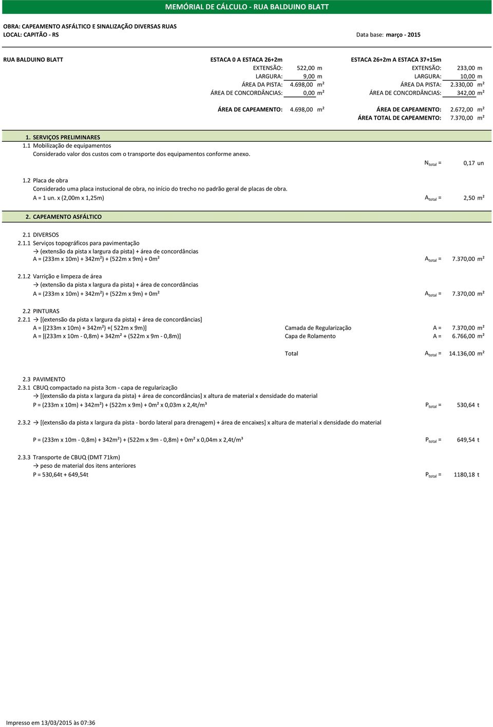 370,00 m² 1. SERVIÇOS PRELIMINARES 1.1 Mobilização de equipamentos Considerado valor dos custos com o transporte dos equipamentos conforme anexo. 0,17 un 1.