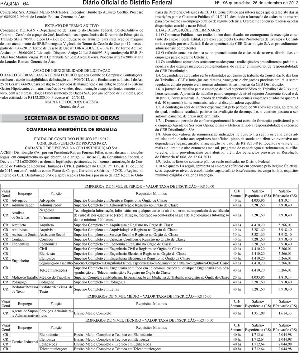 Objeto/Aditivo do Contrato: Cessão de espaço de 2m², localizado nas dependências da Diretoria de Educação de Trânsito SEPs 706/906 bloco D Edifício Educação de Trânsito, para instalação de máquina de