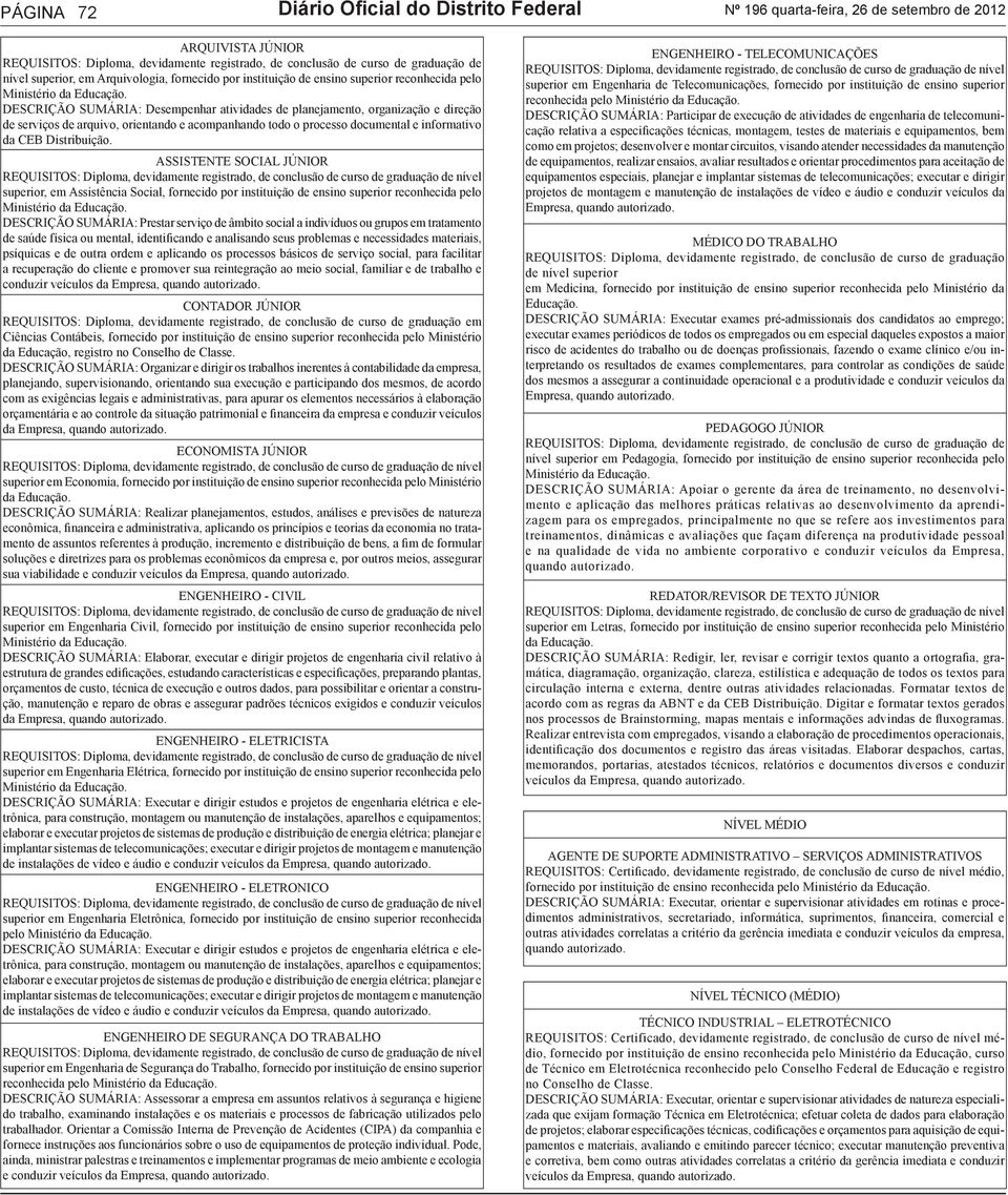 DESIÇÃO SUMÁRIA: Desempenhar atividades de planejamento, organização e direção de serviços de arquivo, orientando e acompanhando todo o processo documental e informativo da CEB Distribuição.