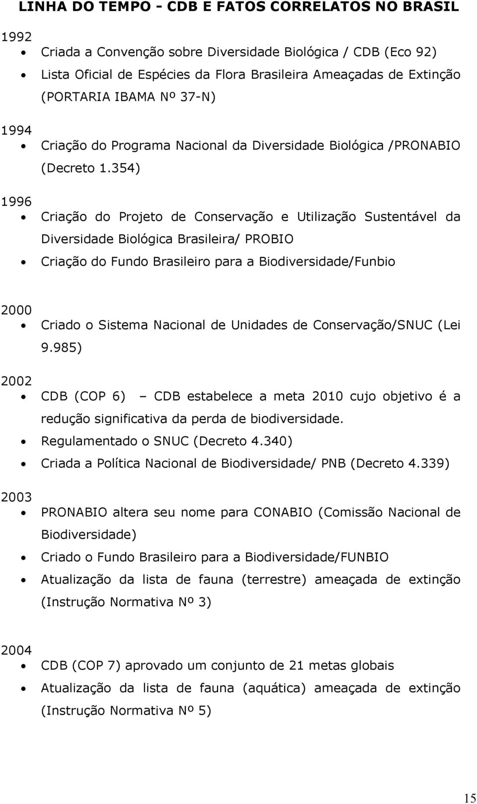 354) 1996 Criação do Projeto de Conservação e Utilização Sustentável da Diversidade Biológica Brasileira/ PROBIO Criação do Fundo Brasileiro para a Biodiversidade/Funbio 2000 Criado o Sistema