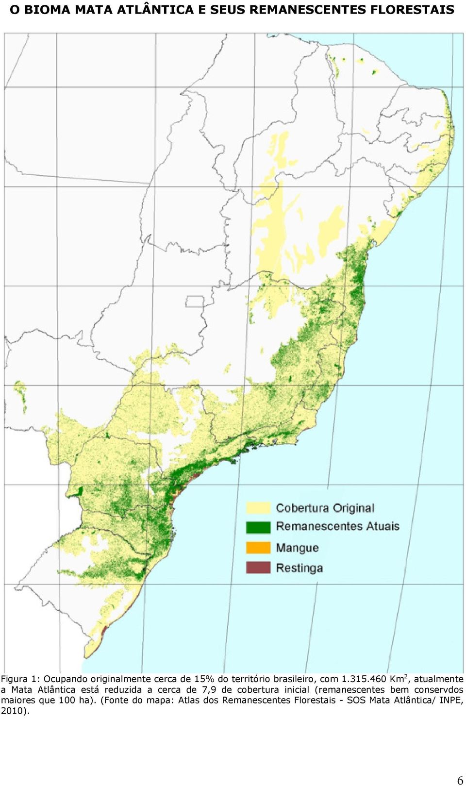 460 Km 2, atualmente a Mata Atlântica está reduzida a cerca de 7,9 de cobertura inicial