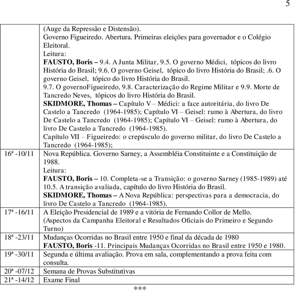 8. Caracterização do Regime Militar e 9.9. Morte de Tancredo Neves, tópicos do livro História do Brasil.