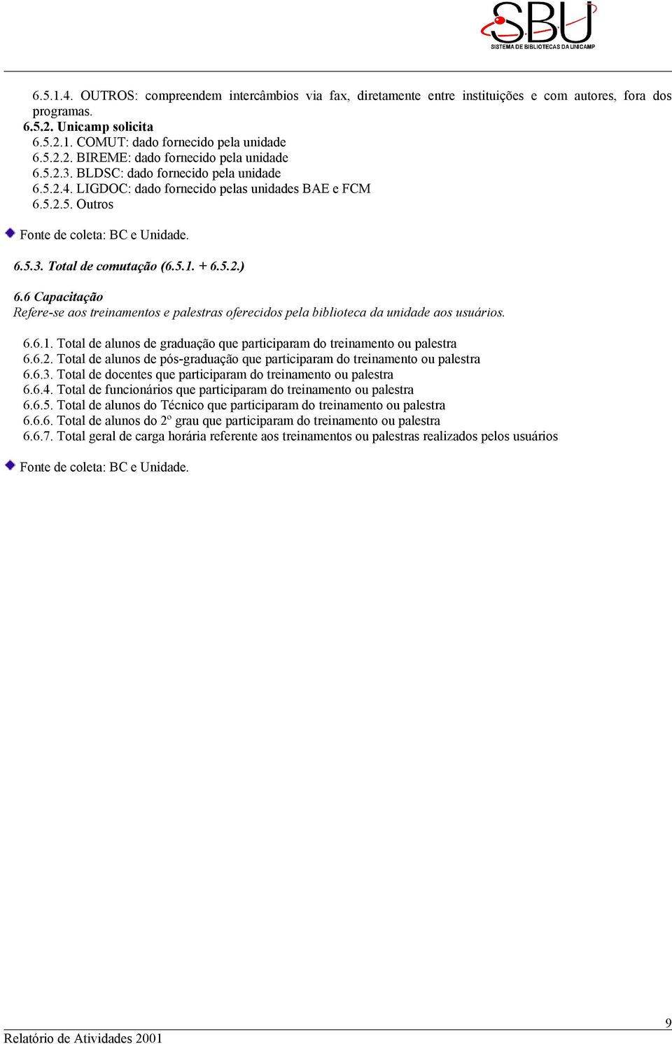 6 Capacitação Refere-se aos treinamentos e palestras oferecidos pela biblioteca da unidade aos usuários. 6.6.1. Total de alunos de graduação que participaram do treinamento ou palestra 6.6.2.