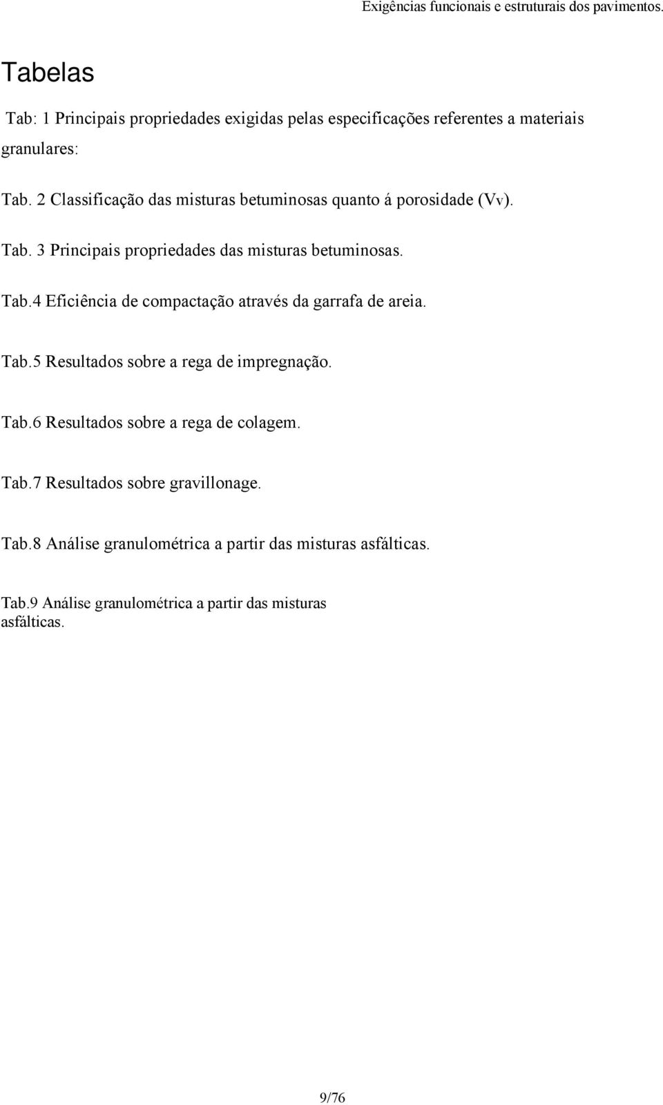 Tab.5 Resultados sobre a rega de impregnação. Tab.6 Resultados sobre a rega de colagem. Tab.7 Resultados sobre gravillonage. Tab.8 Análise granulométrica a partir das misturas asfálticas.