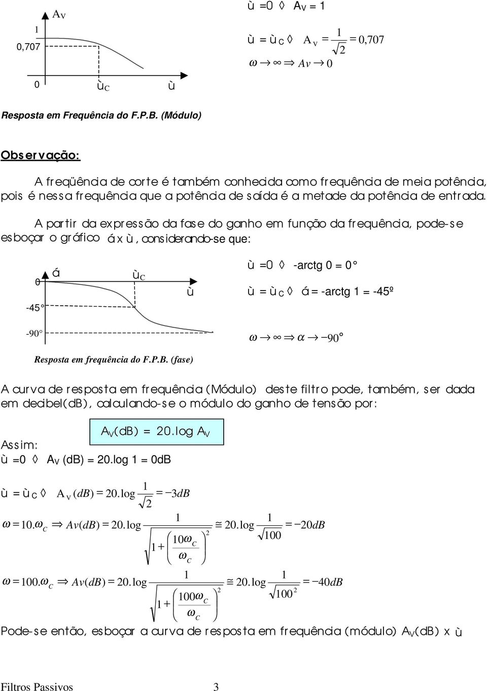 A par tir da ex pr es s ão da fas e do ganho em função da fr equência, pode-se esboçar o gr áfico á x, considerando-se que: -45 á -arctg á -arctg -45º -9 α 9 esposta em frequência do F.P.B.