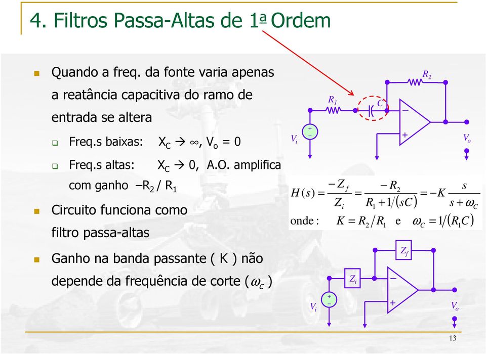 baixa: X, V o 0 V i V o Freq. alta: X 0, A.O.