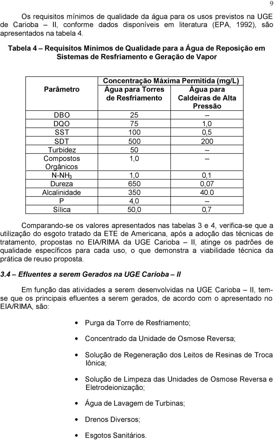 para Caldeiras de Alta Pressão DBO 25 -- DQO 75 1,0 SST 100 0,5 SDT 500 200 Turbidez 50 -- Compostos 1,0 -- Orgânicos N-NH 3 1,0 0,1 Dureza 650 0,07 Alcalinidade 350 40.