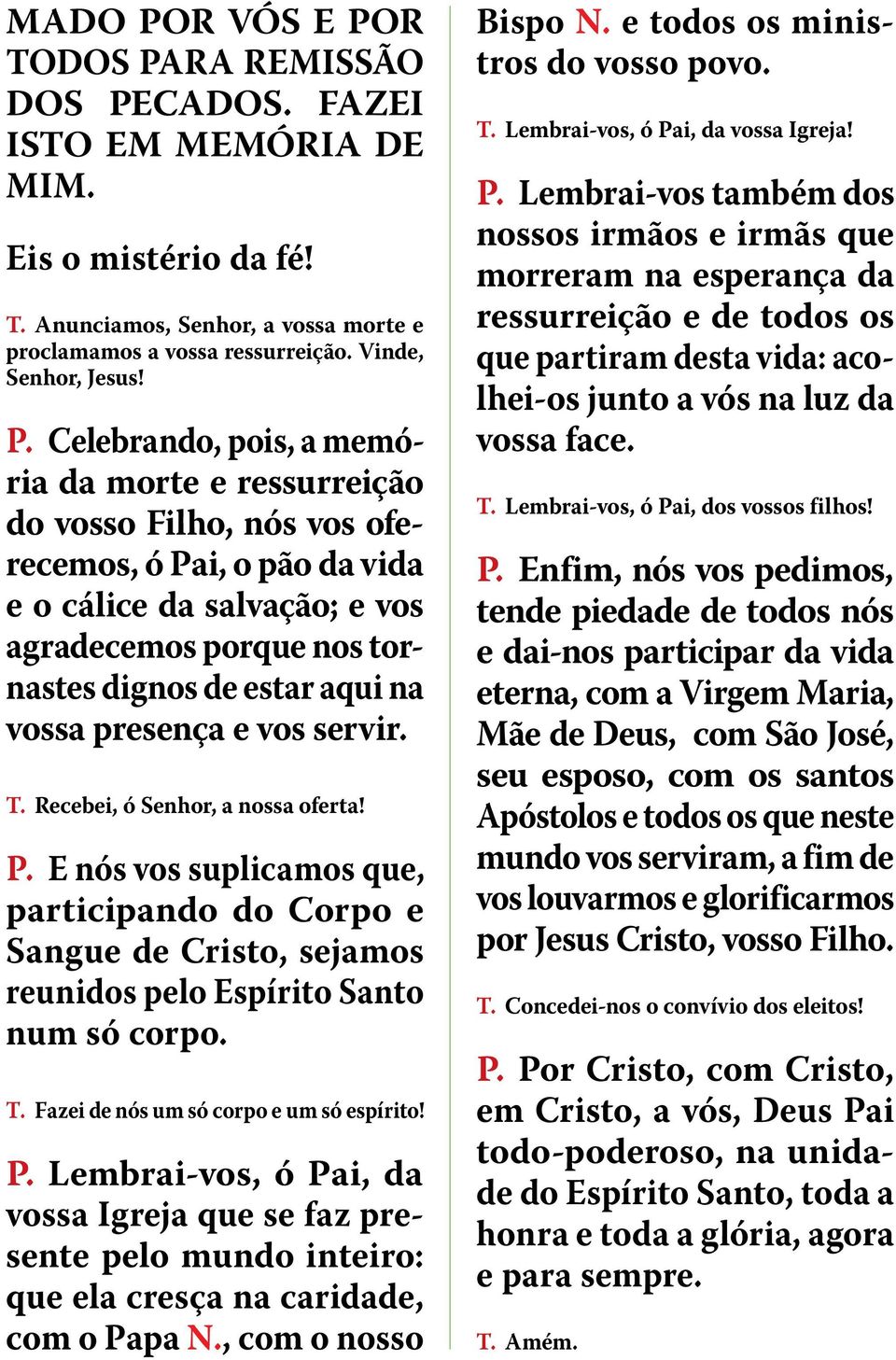 vossa presença e vos servir. T. Recebei, ó Senhor, a nossa oferta! P. E nós vos suplicamos que, participando do Corpo e Sangue de Cristo, sejamos reunidos pelo Espírito Santo num só corpo. T. Fazei de nós um só corpo e um só espírito!