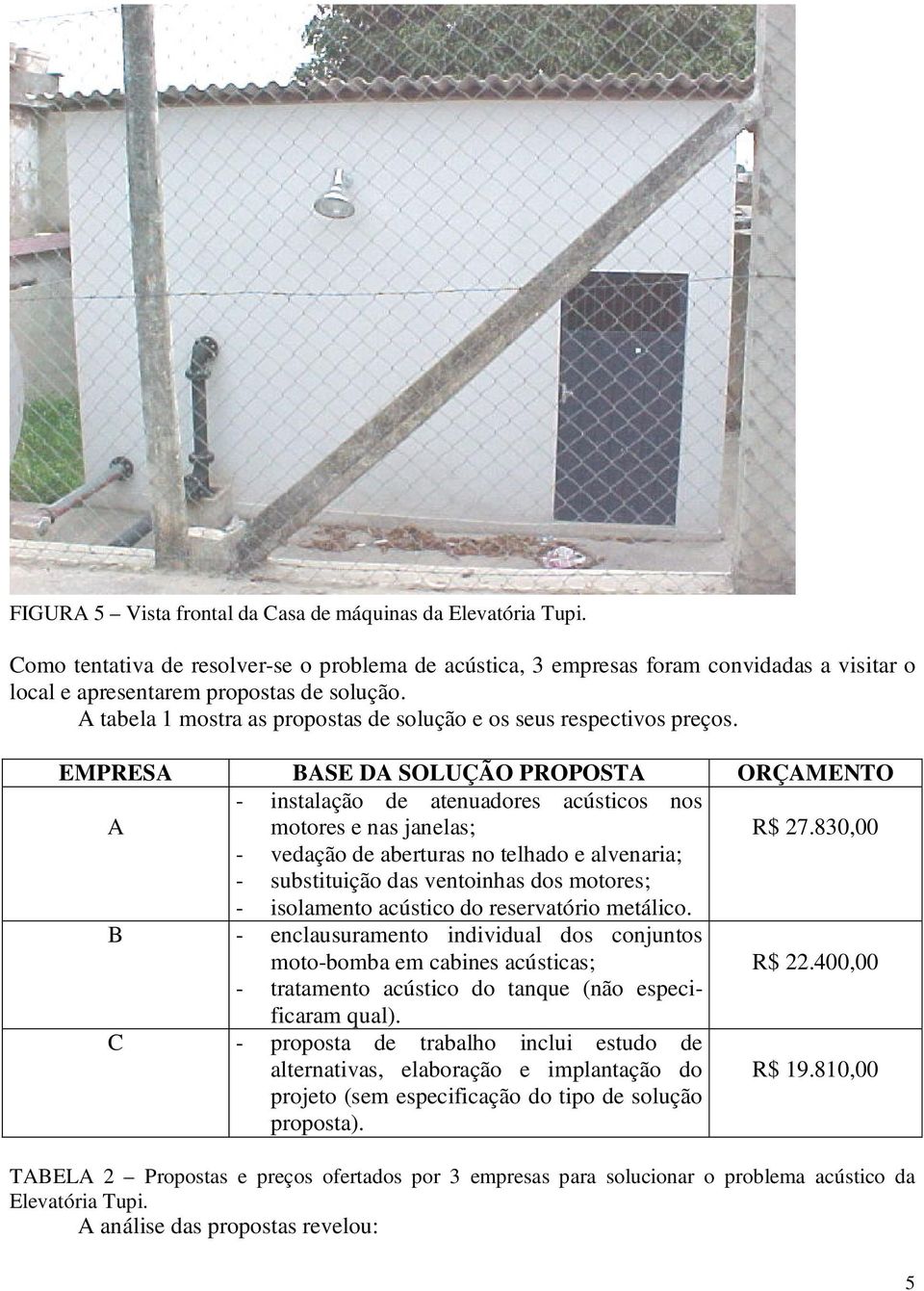 830,00 - vedação de aberturas no telhado e alvenaria; - substituição das ventoinhas dos motores; - isolamento acústico do reservatório metálico.