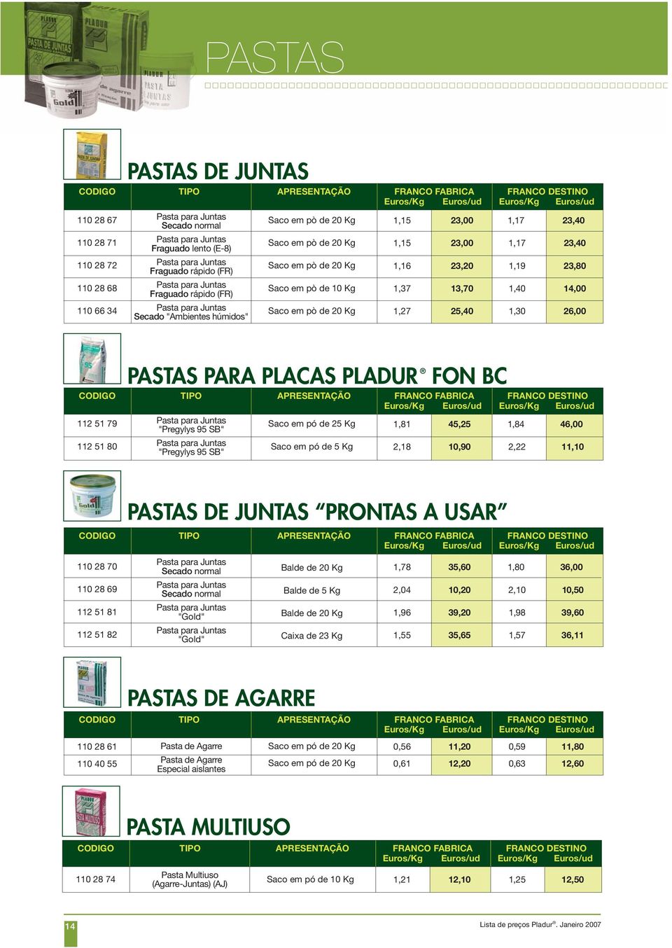 Euros/Kg Euros/ud Euros/Kg Euros/ud,5,5,6,37,27 23,00 23,00 23, 3,70 25,40,7,7,9,40, 23,40 23,40 23,80 4,00 26,00 2 5 79 2 5 80 PASTAS PARA PLACAS TIPO Pasta para Juntas "Pregylys 95 SB" Pasta para