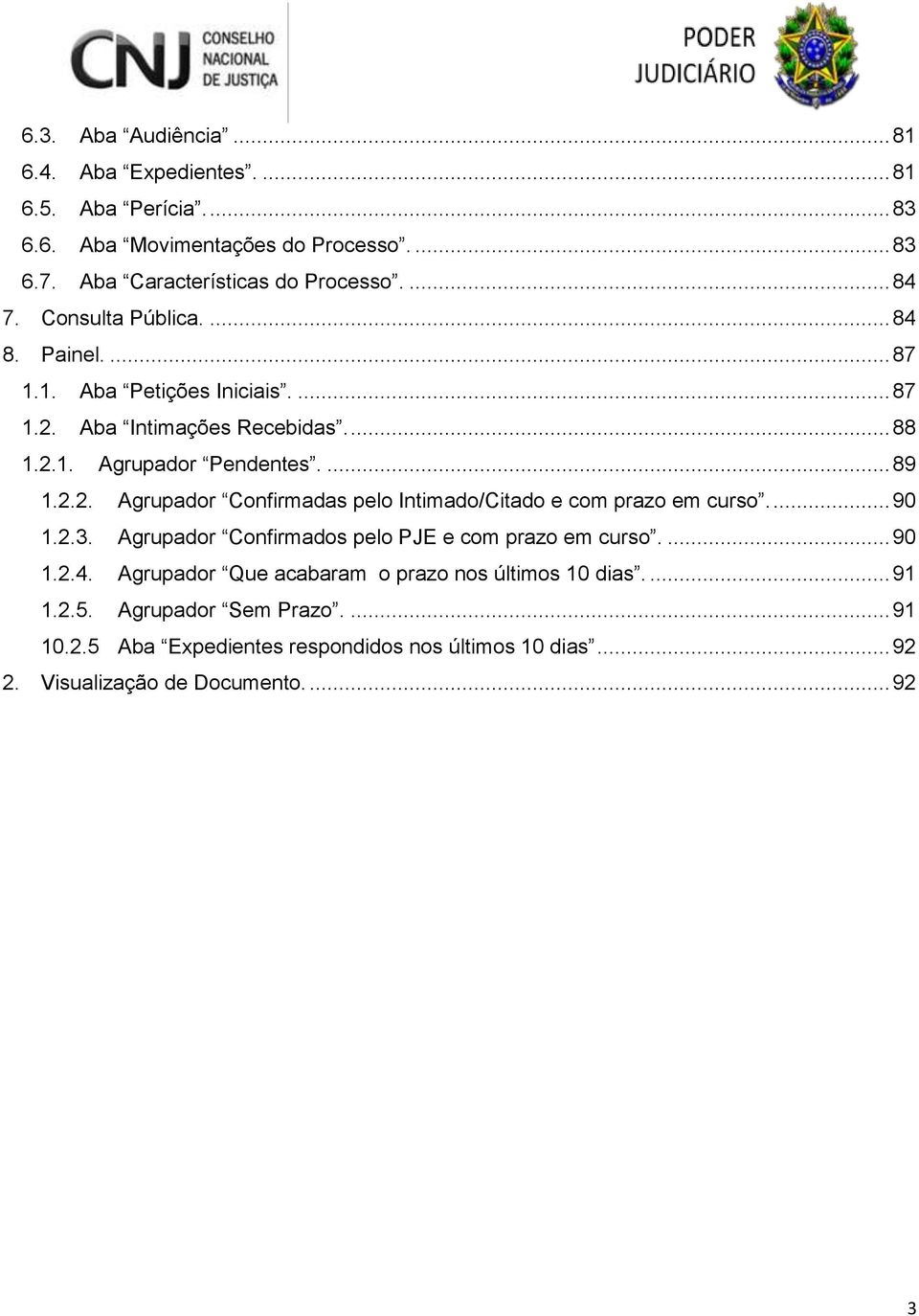 ... 90 1.2.3. Agrupador Confirmados pelo PJE e com prazo em curso.... 90 1.2.4. Agrupador Que acabaram o prazo nos últimos 10 dias.... 91 1.2.5.