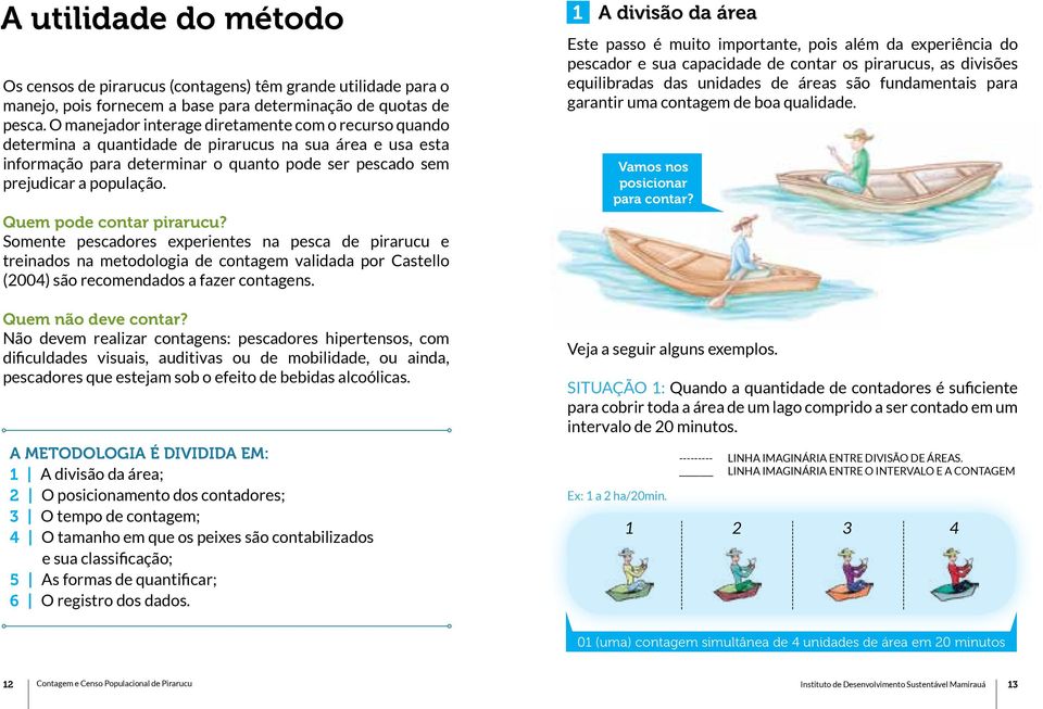 Quem pode contar pirarucu? Somente pescadores experientes na pesca de pirarucu e treinados na metodologia de contagem validada por Castello (2004) são recomendados a fazer contagens.