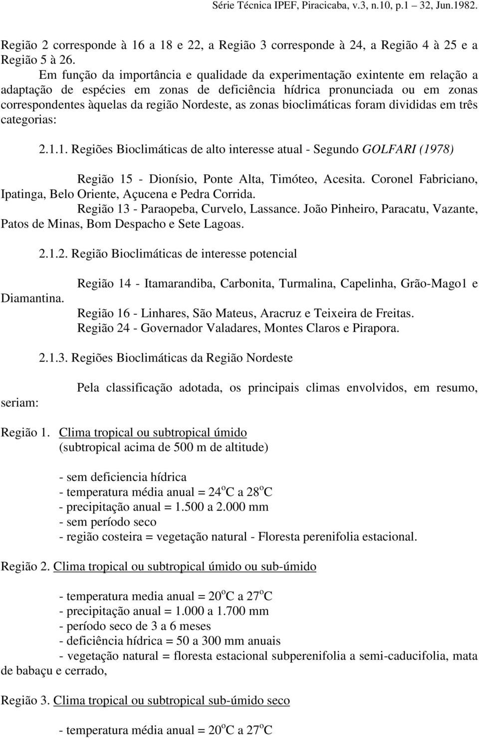 as zonas bioclimáticas foram divididas em três categorias: 2.1.1. Regiões Bioclimáticas de alto interesse atual - Segundo GOLFARI (1978) Região 15 - Dionísio, Ponte Alta, Timóteo, Acesita.