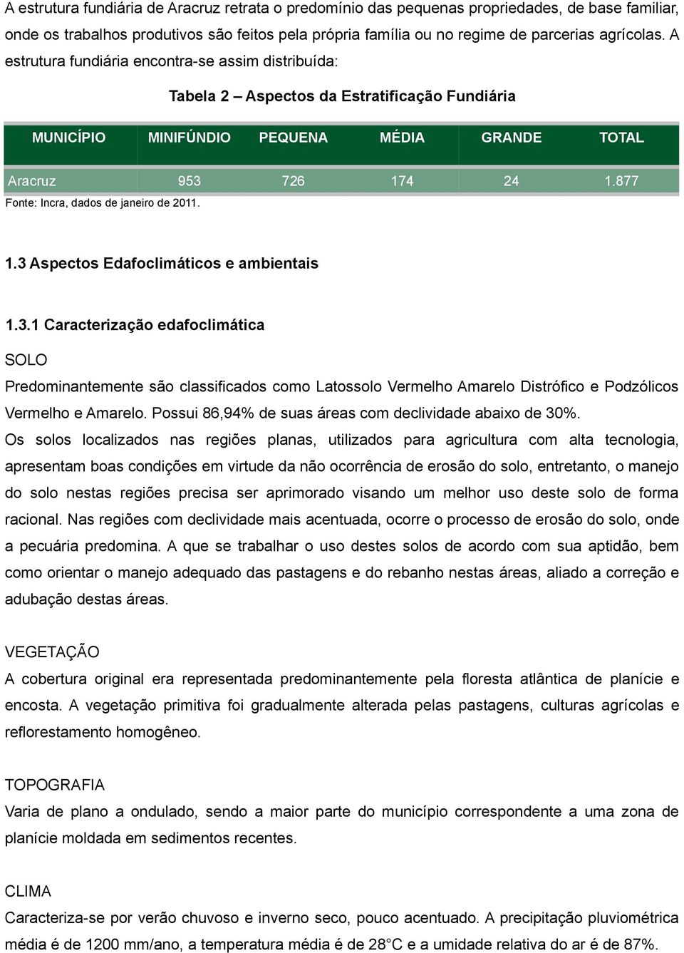 877 Fonte: Incra, dados de janeiro de 2011. 1.3 Aspectos Edafoclimáticos e ambientais 1.3.1 Caracterização edafoclimática SOLO Predominantemente são classificados como Latossolo Vermelho Amarelo Distrófico e Podzólicos Vermelho e Amarelo.