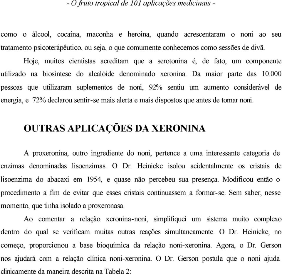 000 pessoas que utilizaram suplementos de noni, 92% sentiu um aumento considerável de energia, e 72% declarou sentir-se mais alerta e mais dispostos que antes de tomar noni.