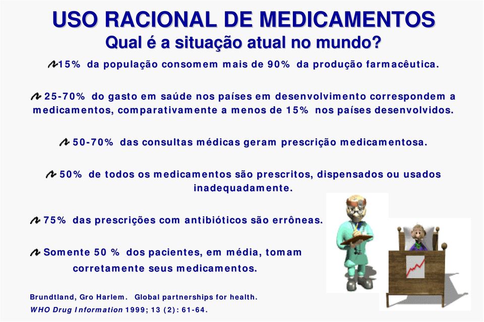 50-70% das consultas médicas m geram prescrição medicamentosa. 50% de todos os medicamentos são prescritos, dispensados ou usados inadequadamente.