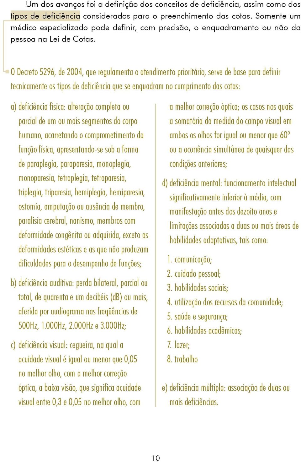 O Decreto 5296, de 2004, que regulamenta o atendimento prioritário, serve de base para definir tecnicamente os tipos de deficiência que se enquadram no cumprimento das cotas: a) deficiência física: