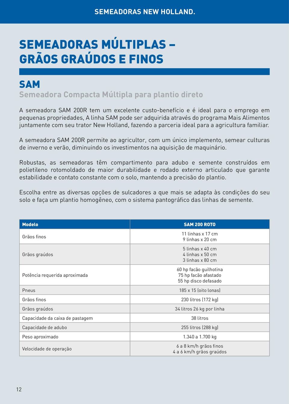 A linha SAM pode ser adquirida através do programa Mais Alimentos juntamente com seu trator New Holland, fazendo a parceria ideal para a agricultura familiar.