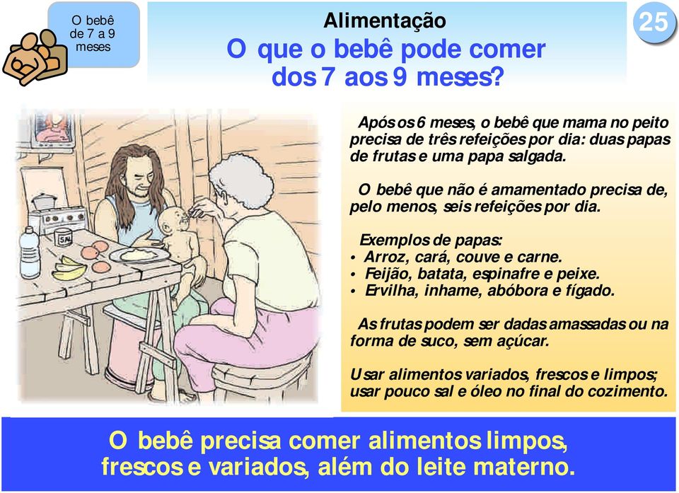 O bebê que não é amamentado precisa de, pelo menos, seis refeições por dia. Exemplos de papas: Arroz, cará, couve e carne. Feijão, batata, espinafre e peixe.