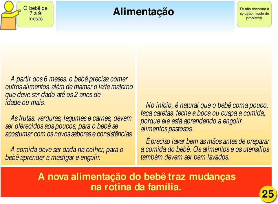 As frutas, verduras, legumes e carnes, devem ser oferecidos aos poucos, para o bebê se acostumar com os novos sabores e consistências.