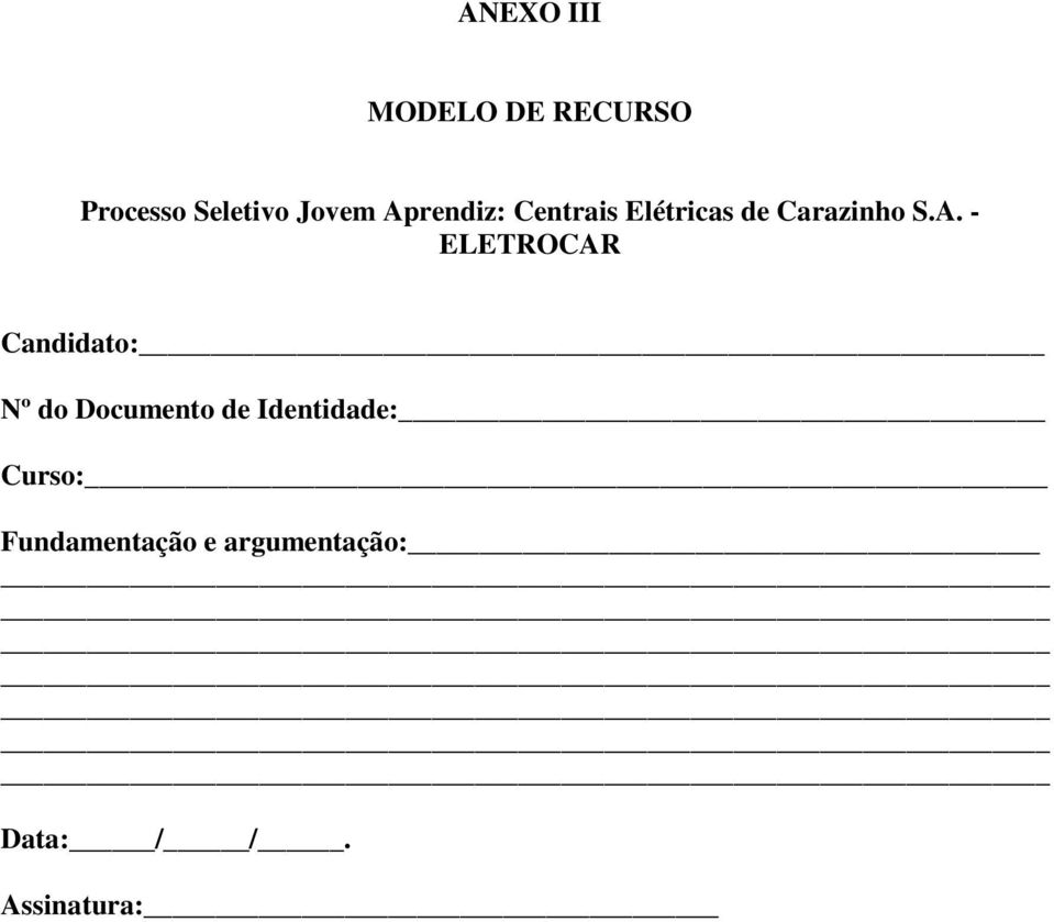 ELETROCAR Candidato: Nº do Documento de Identidade: