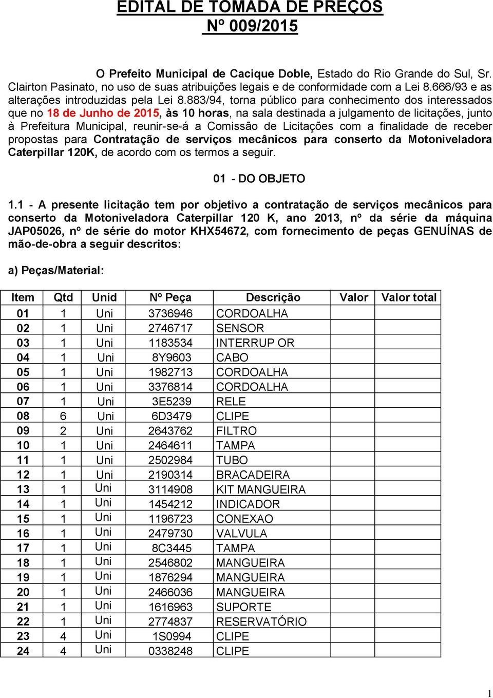 883/94, torna público para conhecimento dos interessados que no 18 de Junho de 2015, às 10 horas, na sala destinada a julgamento de licitações, junto à Prefeitura Municipal, reunir-se-á a Comissão de