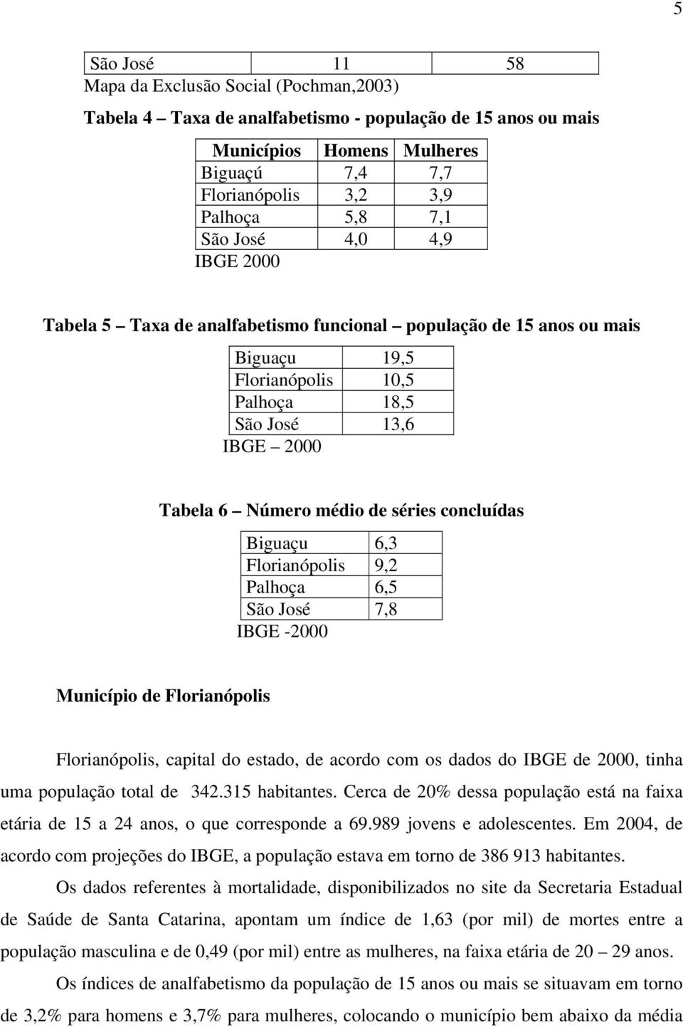 concluídas Biguaçu 6,3 Florianópolis 9,2 Palhoça 6,5 São José 7,8 IBGE -2000 Município de Florianópolis Florianópolis, capital do estado, de acordo com os dados do IBGE de 2000, tinha uma população