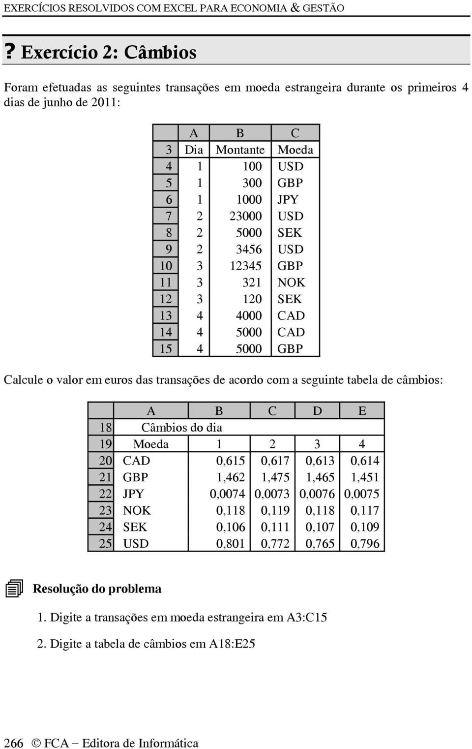 23000 USD 8 2 5000 SEK 9 2 3456 USD 10 3 12345 GBP 11 3 321 NOK 12 3 120 SEK 13 4 4000 CAD 14 4 5000 CAD 15 4 5000 GBP Calcule o valor em euros das transações de acordo com a seguinte tabela de