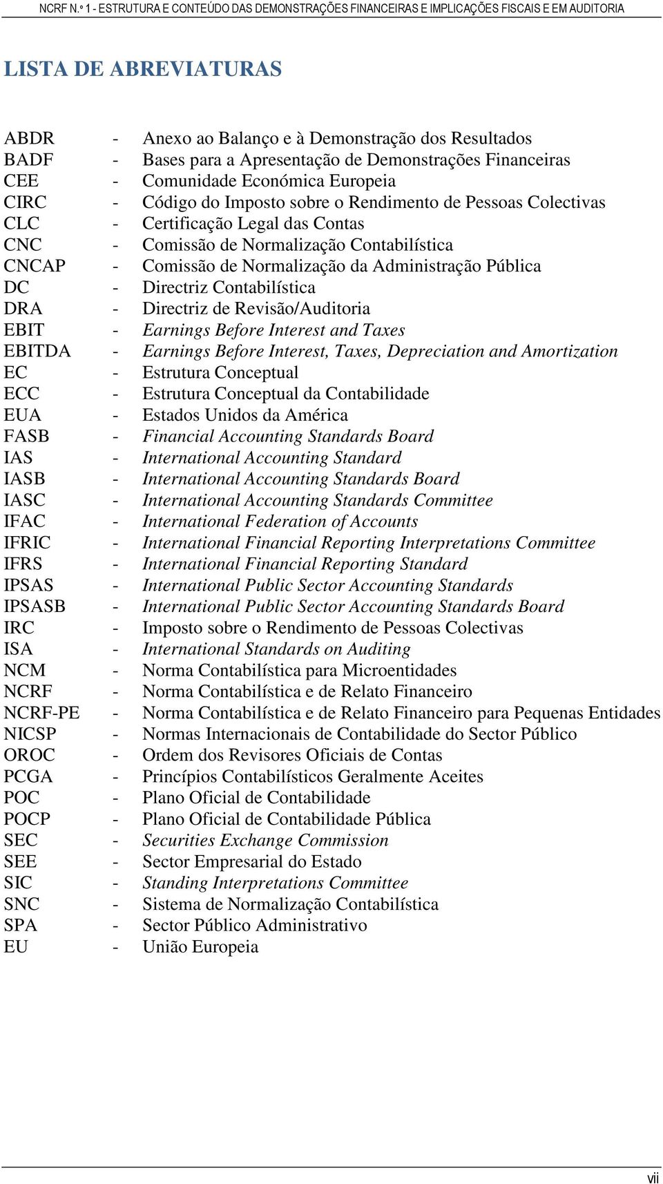 Directriz Contabilística DRA - Directriz de Revisão/Auditoria EBIT - Earnings Before Interest and Taxes EBITDA - Earnings Before Interest, Taxes, Depreciation and Amortization EC - Estrutura