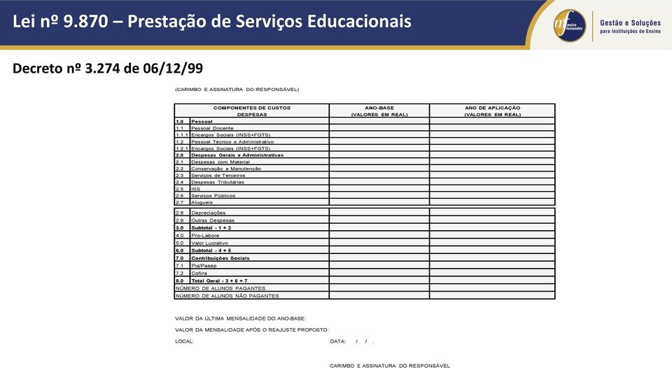 274 de 06/12/99 DATA: (CARIMBO E ASSINATURA DO RESPONSÁVEL) COMPONENTES DE CUSTOS DESPESAS 1.0 Pessoal 1.1 Pessoal Docente 1.1.1 Encargos Sociais (INSS+FGTS) 1.2 Pessoal Técnico e Administrativo 1.2.1 Encargos Sociais (INSS+FGTS) 2.