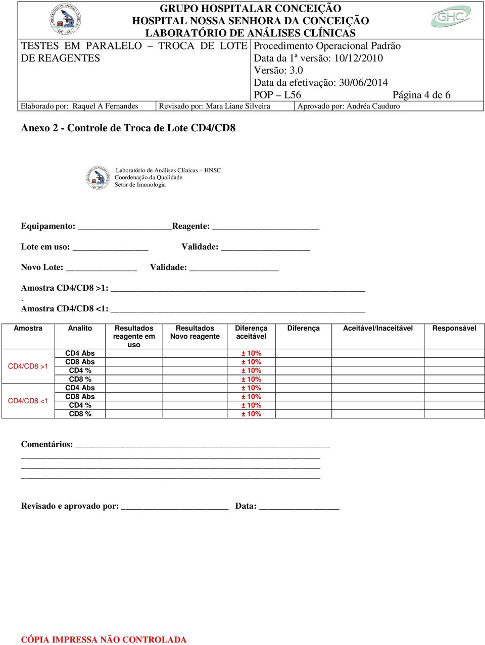 Amostra CD4/CD8 <1: Amostra Analito Resultados reagente em uso CD4/CD8 >1 CD4/CD8 <1 Resultados Novo reagente