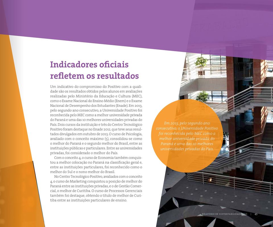 Em 2013, pelo segundo ano consecutivo, a Universidade Positivo foi reconhecida pelo MEC como a melhor universidade privada do Paraná e uma das 10 melhores universidades privadas do País.