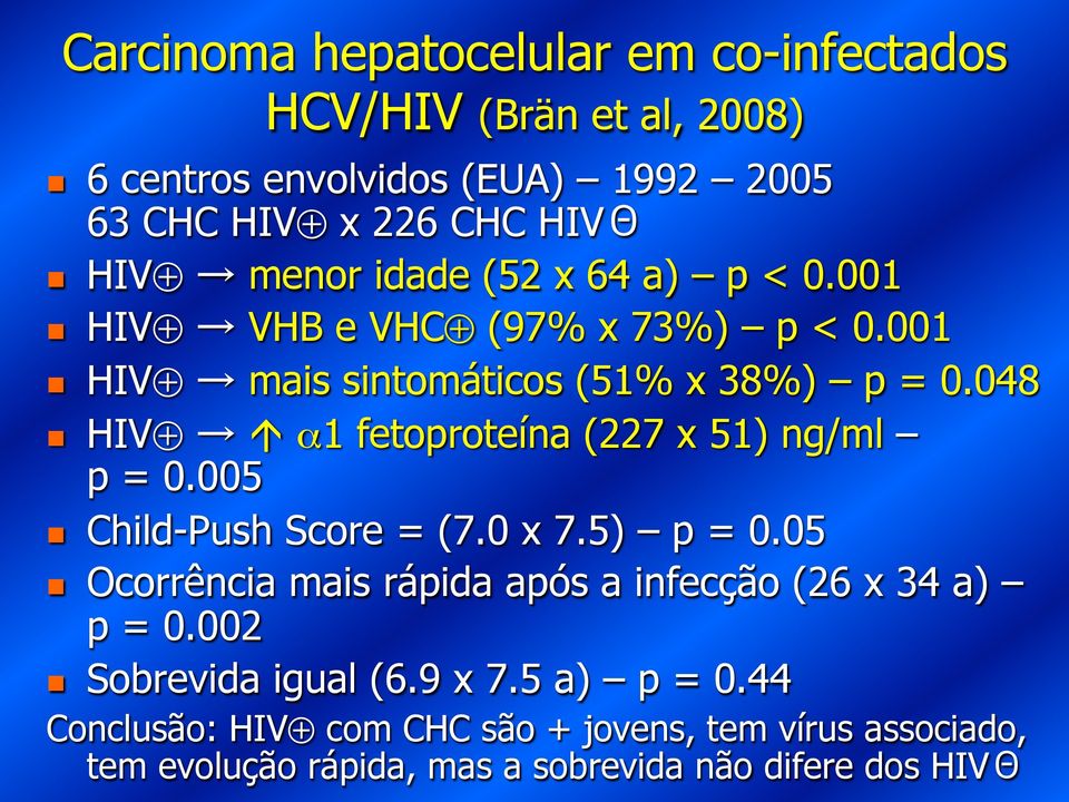 048 n HIV á α1 fetoproteína (227 x 51) ng/ml p = 0.005 n Child-Push Score = (7.0 x 7.5) p = 0.