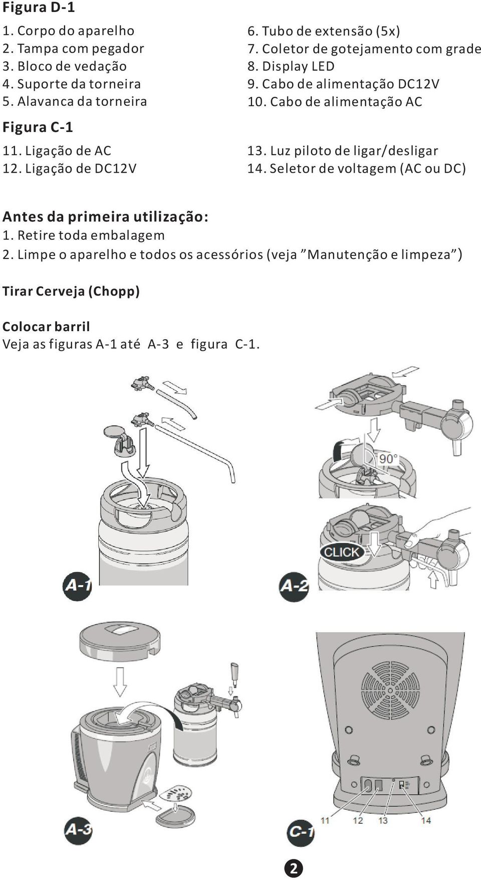 Cabo de alimentação AC 13. Luz piloto de ligar/desligar 14. Seletor de voltagem (AC ou DC) Antes da primeira utilização: 1.