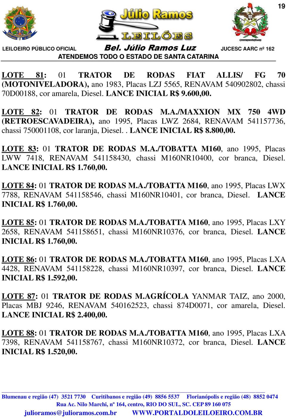 LOTE 83: 01 TRATOR DE RODAS M.A./TOBATTA M160, ano 1995, Placas LWW 7418, RENAVAM 541158430, chassi M160NR10400, cor branca, Diesel. LANCE INICIAL R$ 1.760,00. LOTE 84: 01 TRATOR DE RODAS M.A./TOBATTA M160, ano 1995, Placas LWX 7788, RENAVAM 541158546, chassi M160NR10401, cor branca, Diesel.