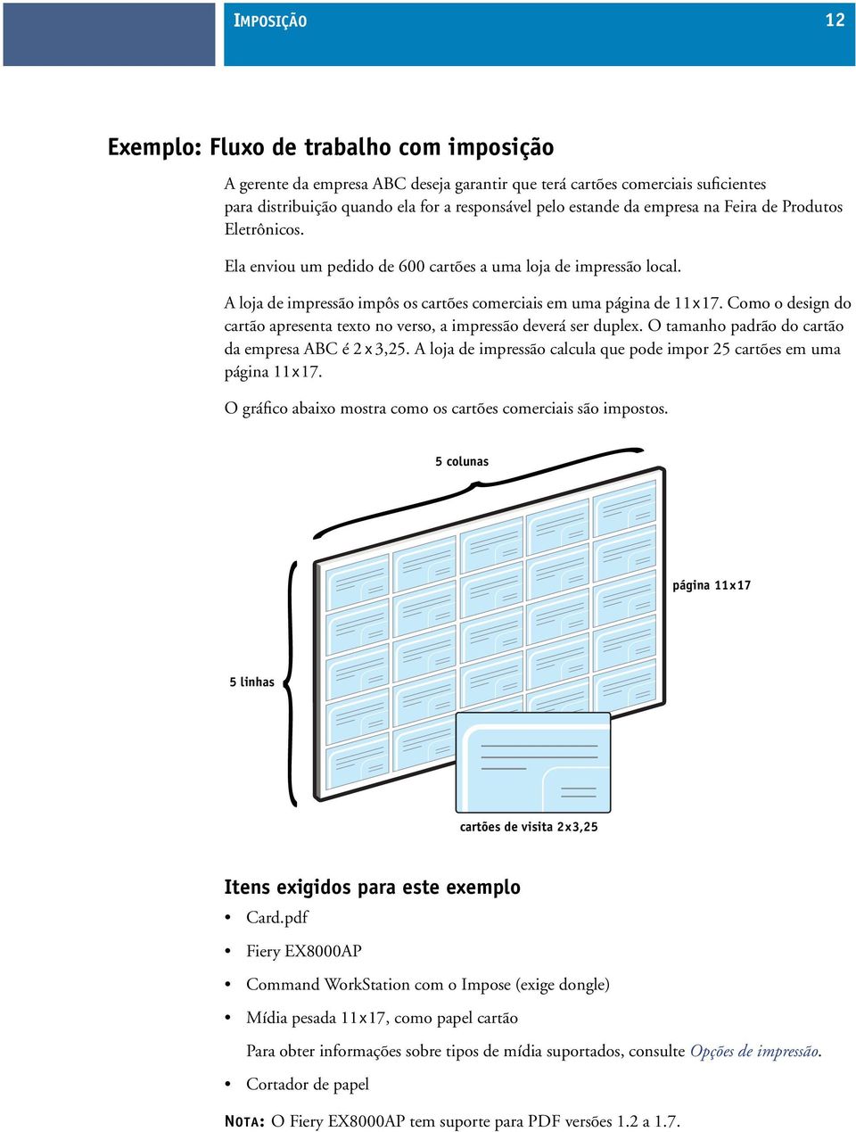 Como o design do cartão apresenta texto no verso, a impressão deverá ser duplex. O tamanho padrão do cartão da empresa ABC é 2 x 3,25.