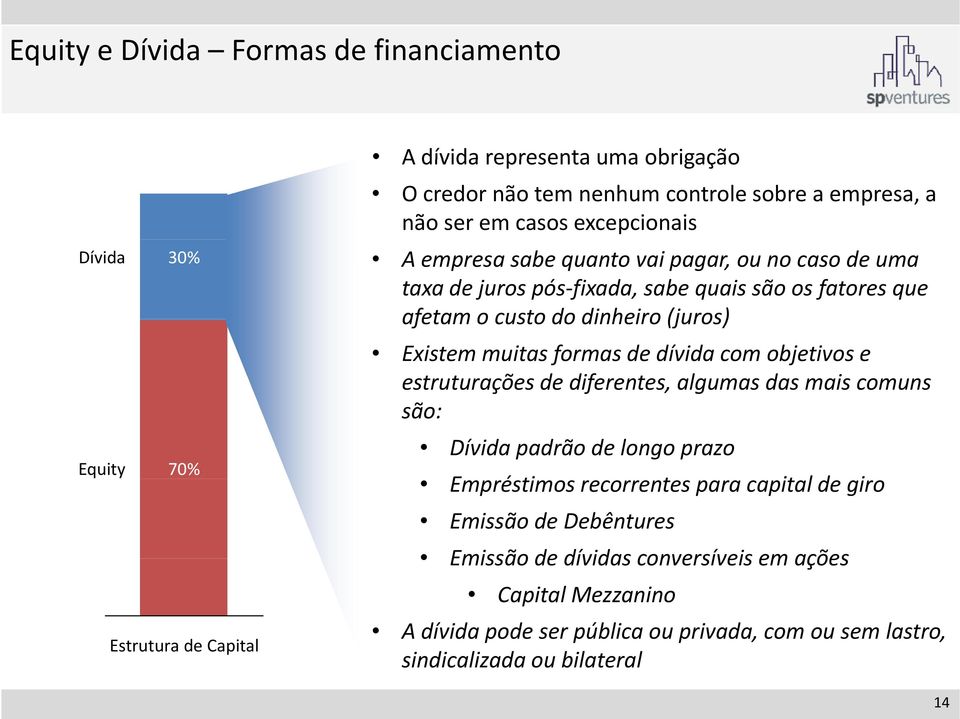 Existem muitas formas de dívida com objetivos e estruturações de diferentes, algumas das mais comuns são: Dívida padrão de longo prazo Empréstimos recorrentes para capital