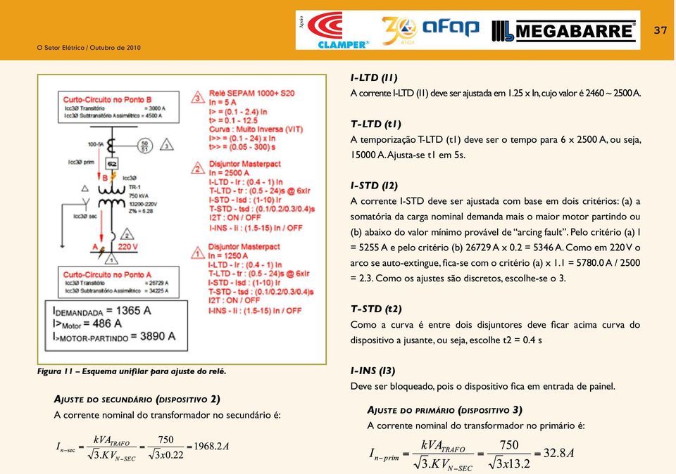 I-STD (I2) A corrente I-STD deve ser ajustada com base em dois critérios: (a) a somatória da carga nominal demanda mais o maior motor partindo ou (b) abaixo do valor mínimo provável de arcing fault.