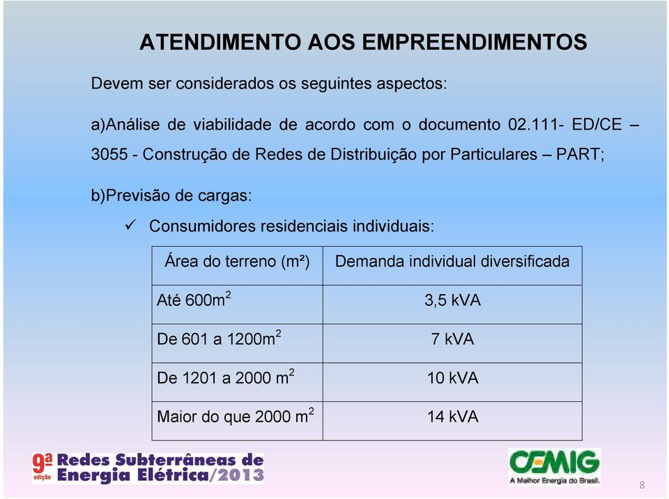 111- ED/CE 3055 - Construção de Redes de Distribuição por Particulares PART; b)previsão de cargas: