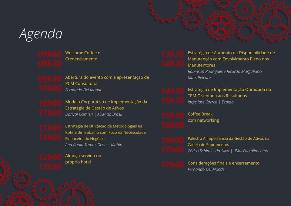 Utilização de Metodologias na Rotina de Trabalho com Foco na Necessidade Financeira do Negócio Ana Paula Tomaz Deon Klabin Almoço servido no próprio hotel 14h30 15h30 15h30 16h00 16h00 17h00 17h00