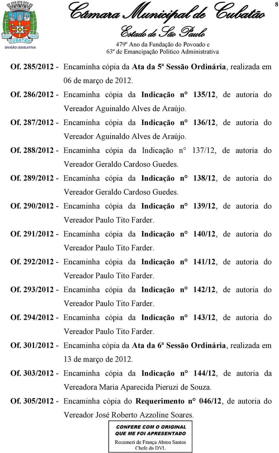 288/2012 - Encaminha cópia da Indicação n 137/12, de autoria do Vereador Geraldo Cardoso Guedes. Of. 289/2012 - Encaminha cópia da Indicação n 138/12, de autoria do Vereador Geraldo Cardoso Guedes.