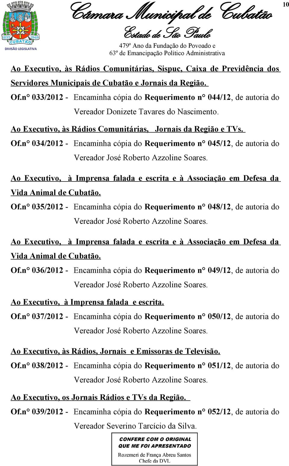 n 034/2012 - Encaminha cópia do Requerimento n 045/12, de autoria do Vereador José Roberto Azzoline Soares.