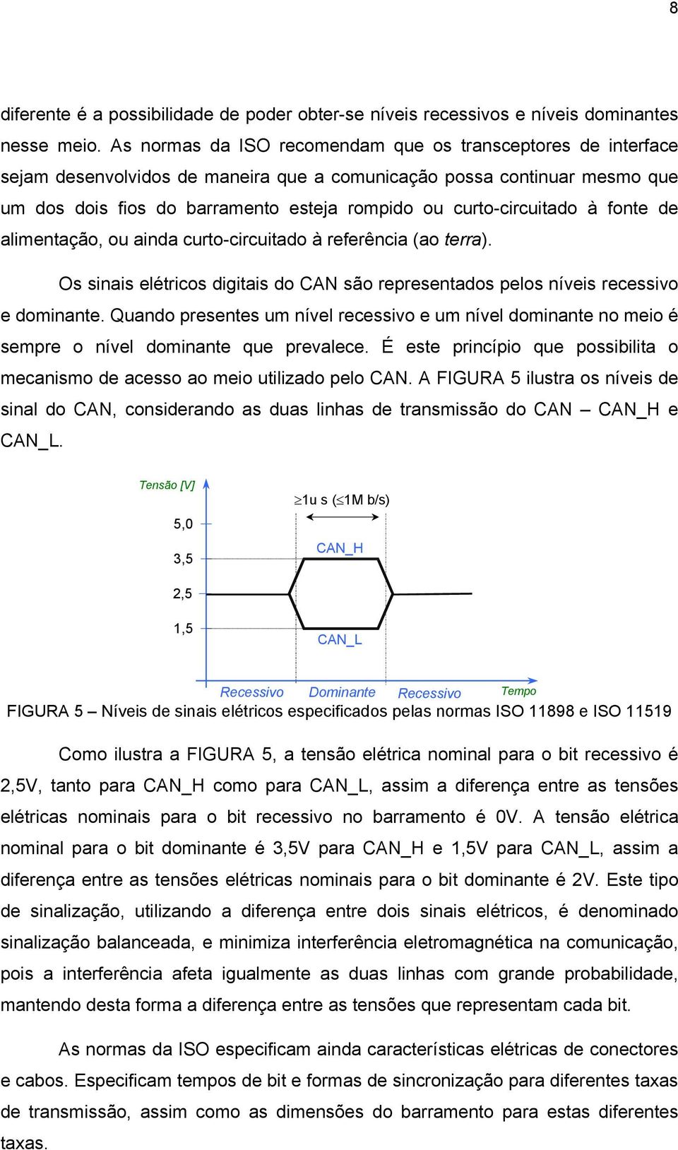 curto-circuitado à fonte de alimentação, ou ainda curto-circuitado à referência (ao terra). Os sinais elétricos digitais do CAN são representados pelos níveis recessivo e dominante.